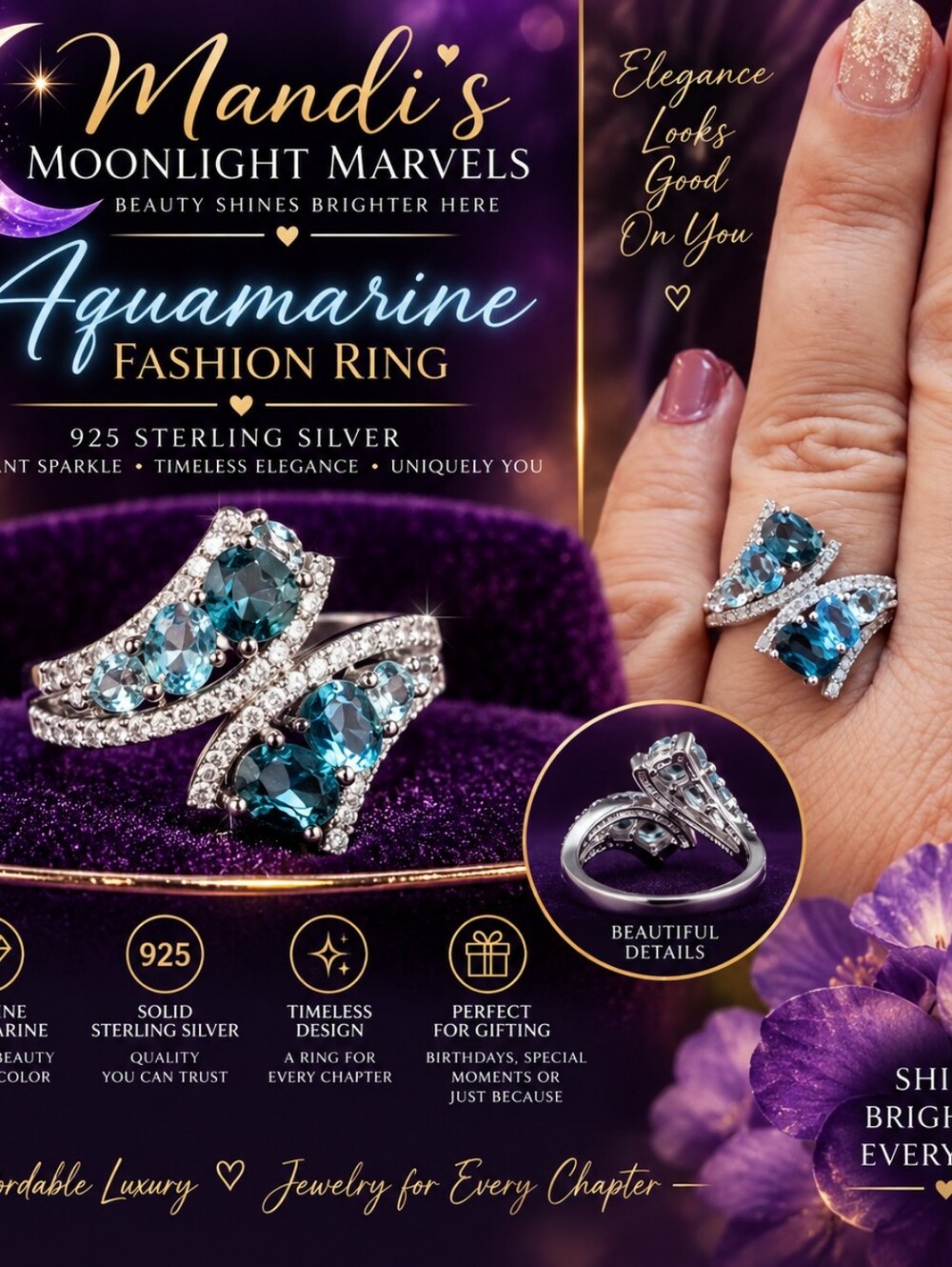 Aquamarine 925 Sterling Silver Ring – Blue Aquamarine Sparkle Size 6